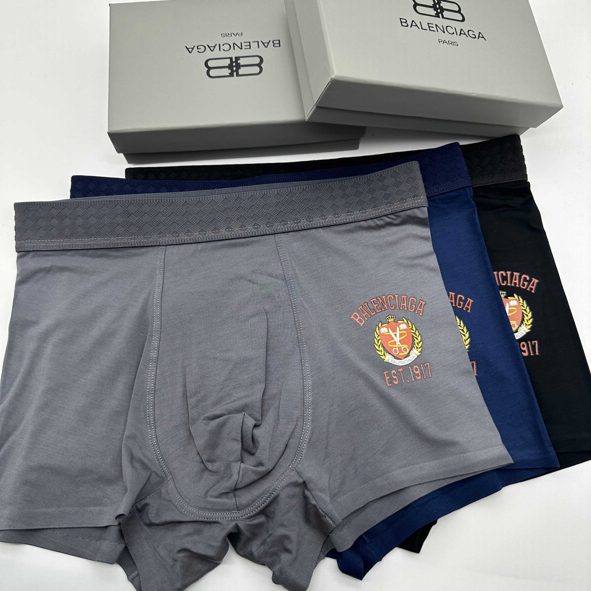 Balenciaga Grey Navy Yellow Shield Patch Boxer Briefs, image 1