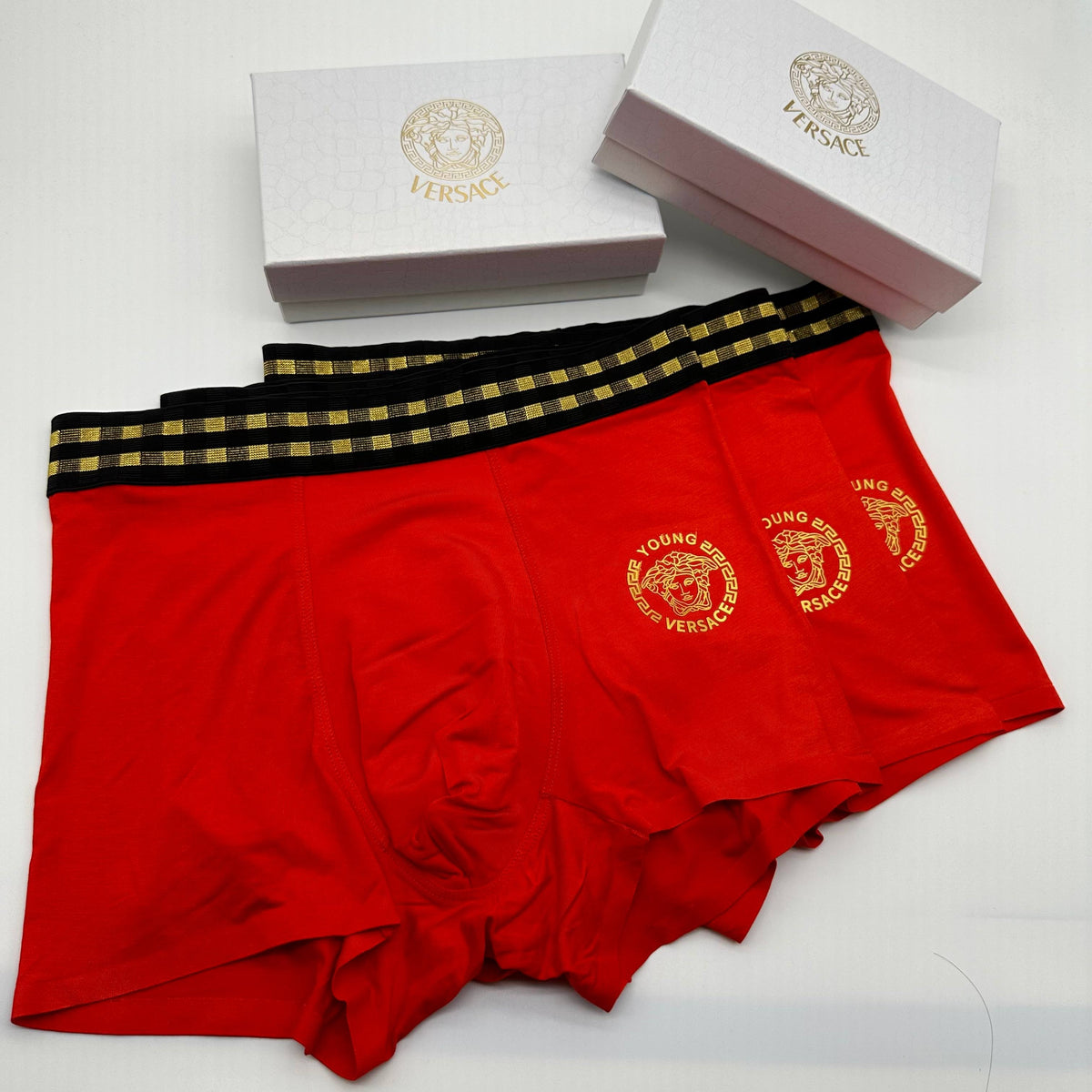 Versace Red Triple Gold Face Detail Boxer Briefs, image 1