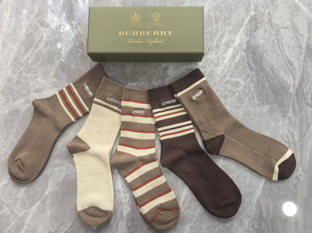 Burberry Earthy Cream Brown Horizontal Stripes Crew Socks, image 2