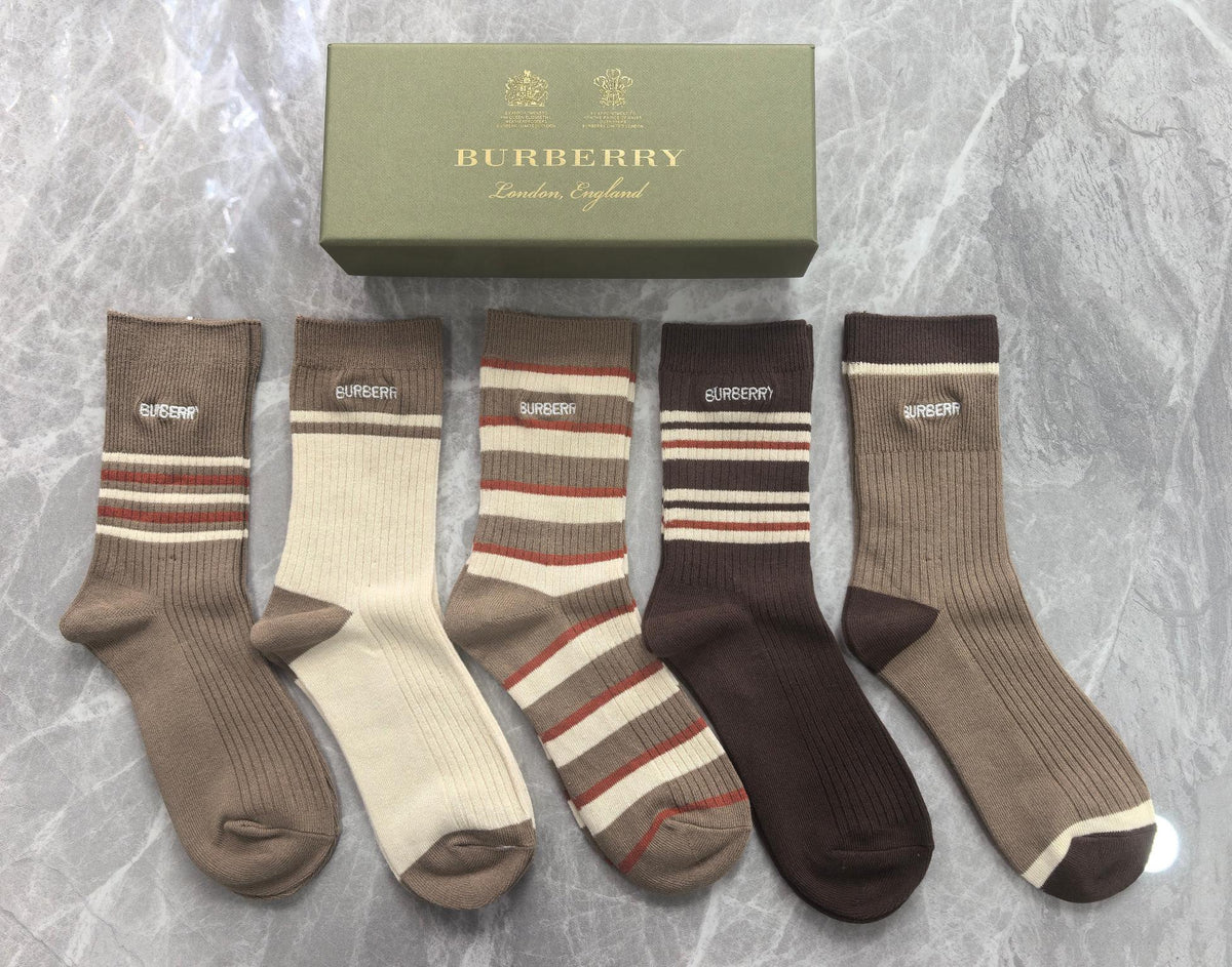 Burberry Earthy Cream Brown Horizontal Stripes Crew Socks, image 1