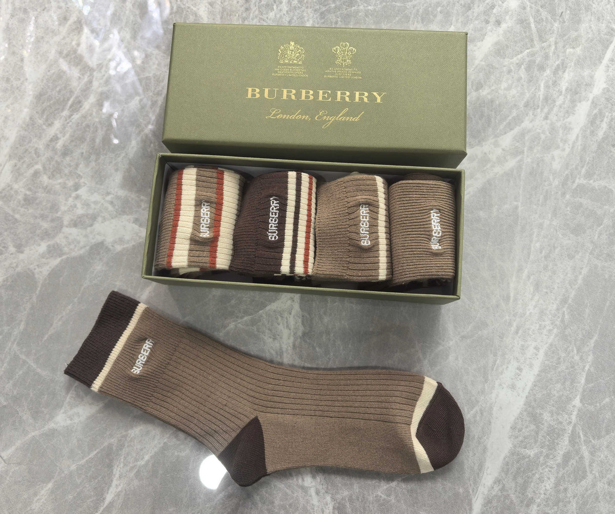 Burberry Earthy Cream Brown Horizontal Stripes Crew Socks, image 5