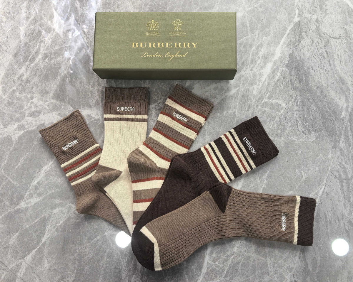 Burberry Earthy Cream Brown Horizontal Stripes Crew Socks, image 3