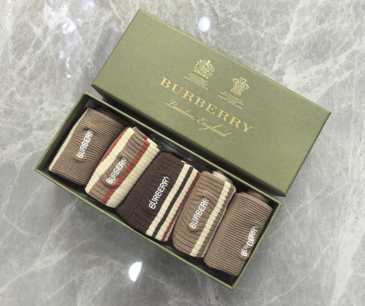 Burberry Earthy Cream Brown Horizontal Stripes Crew Socks, image 6