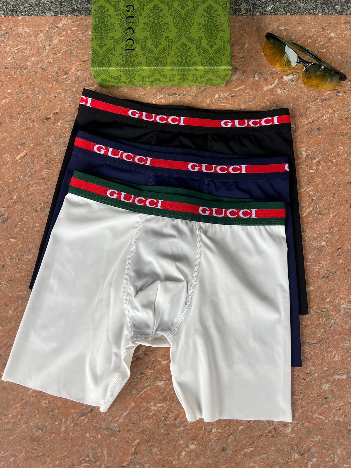 Gucci White Navy Red Black Letter Waist Long-Leg Boxer Briefs, image 1