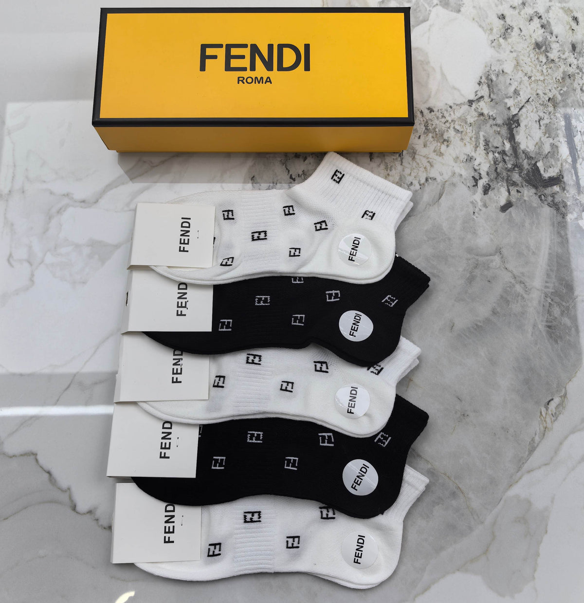 Fendi White Black Small Repeating Motifs Ankle Socks, image 1
