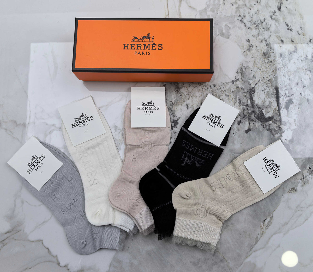 Hermès White Grey Black Small Cuff Carriage Crew Socks, image 3