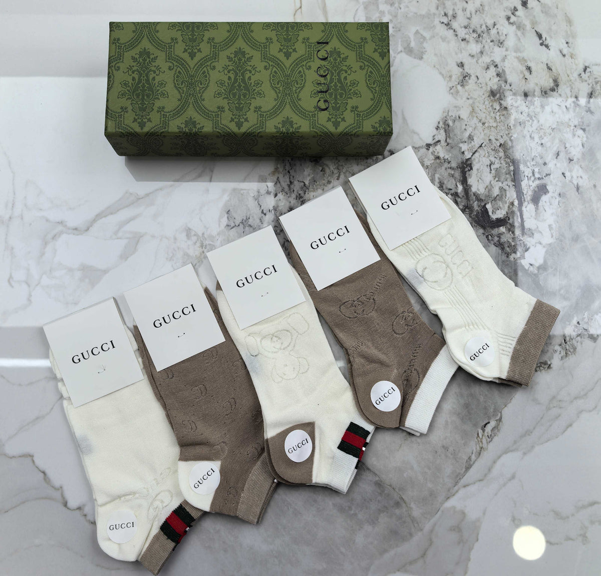 Gucci White Beige Small Cuff Motifs Crew Socks, image 5