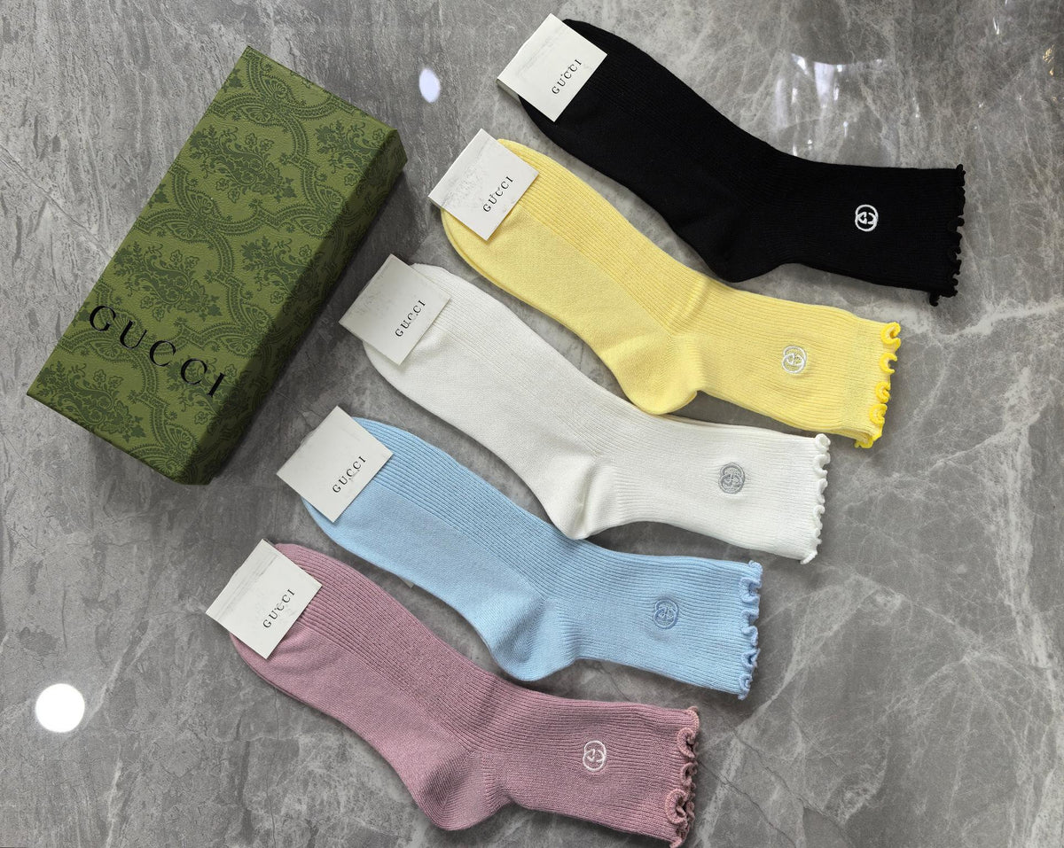 Gucci Pink Yellow White Grey Ribbed Mix Crew Socks, image 5