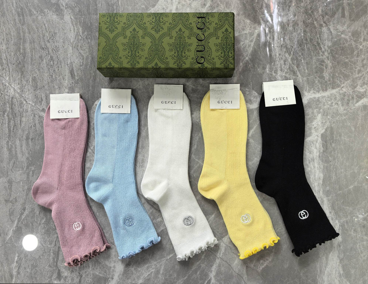 Gucci Pink Yellow White Grey Ribbed Mix Crew Socks, image 1