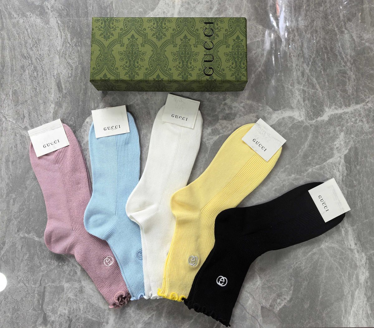Gucci Pink Yellow White Grey Ribbed Mix Crew Socks, image 2