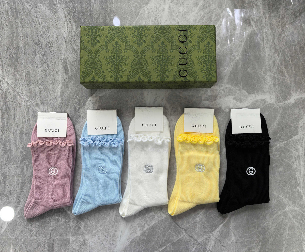 Gucci Pink Yellow White Grey Ribbed Mix Crew Socks, image 4