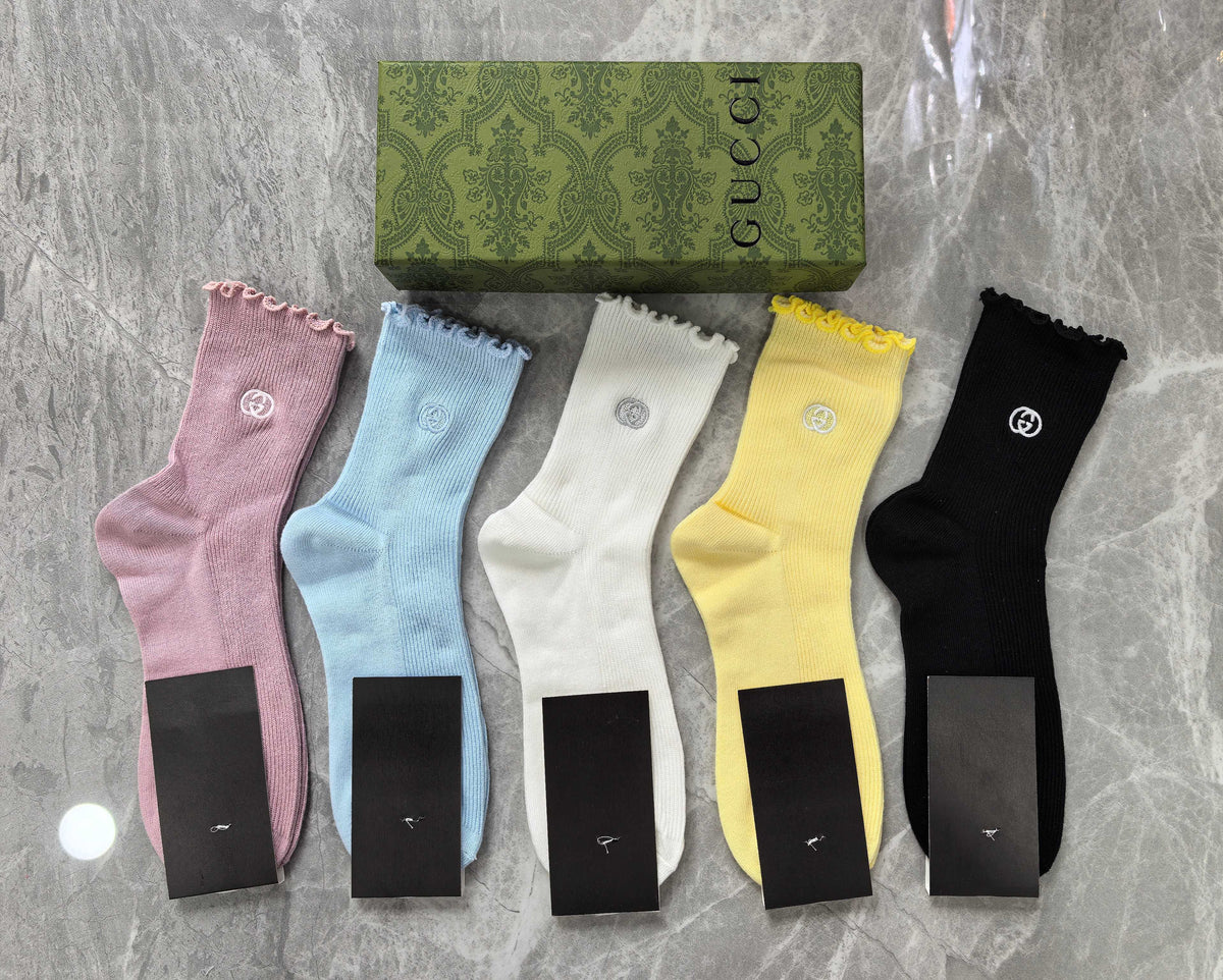 Gucci Pink Yellow White Grey Ribbed Mix Crew Socks, image 3