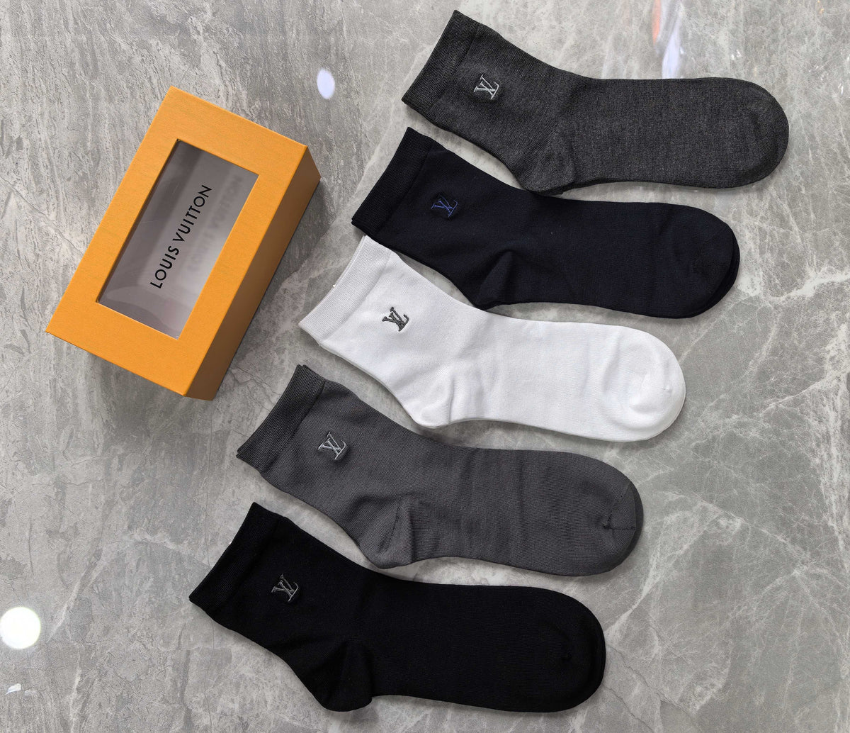 Louis Vuitton Black White Grey Plain Rib Mix Crew Socks, image 3