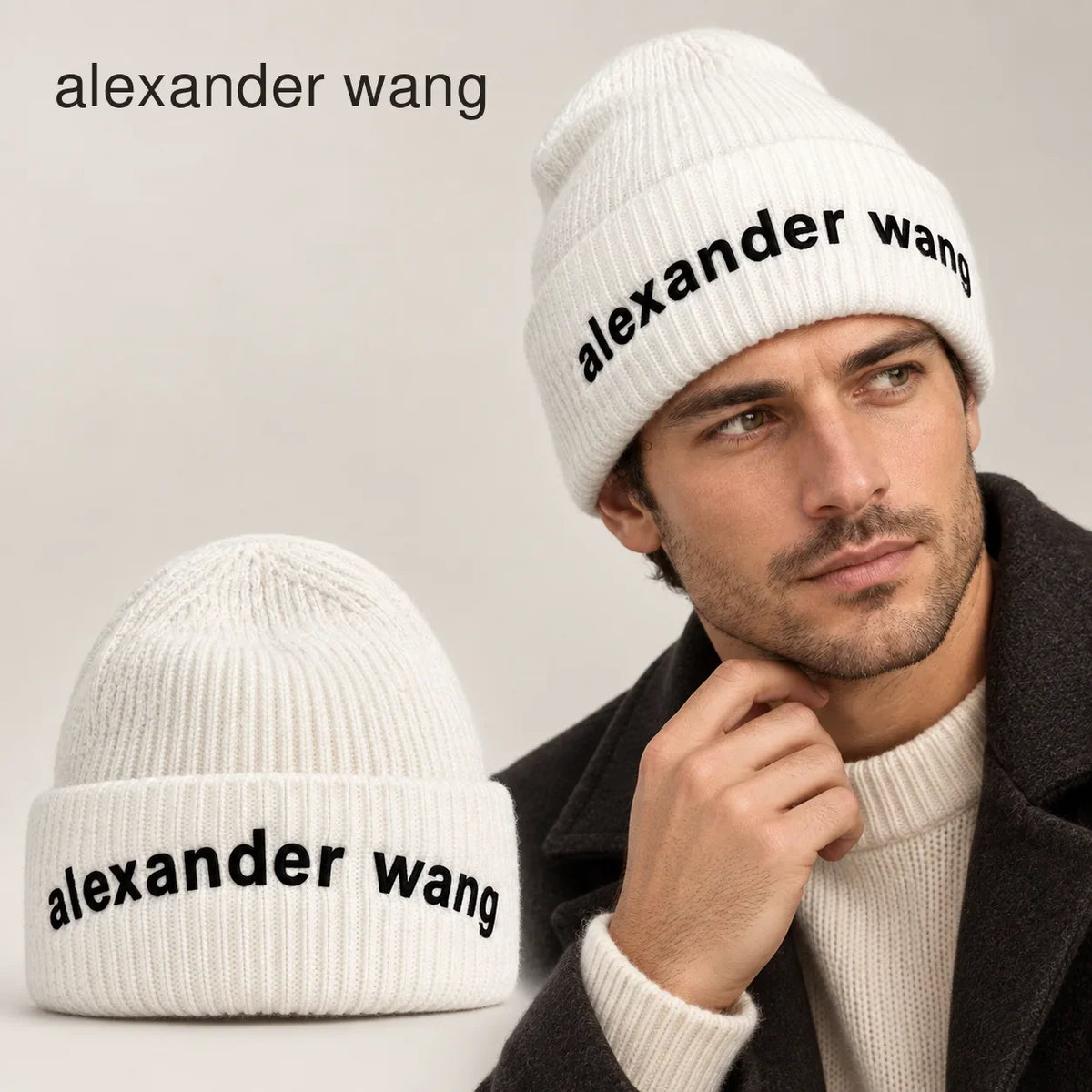 Alexander Knit Beanie worn by an adult model, with matching hat close-up