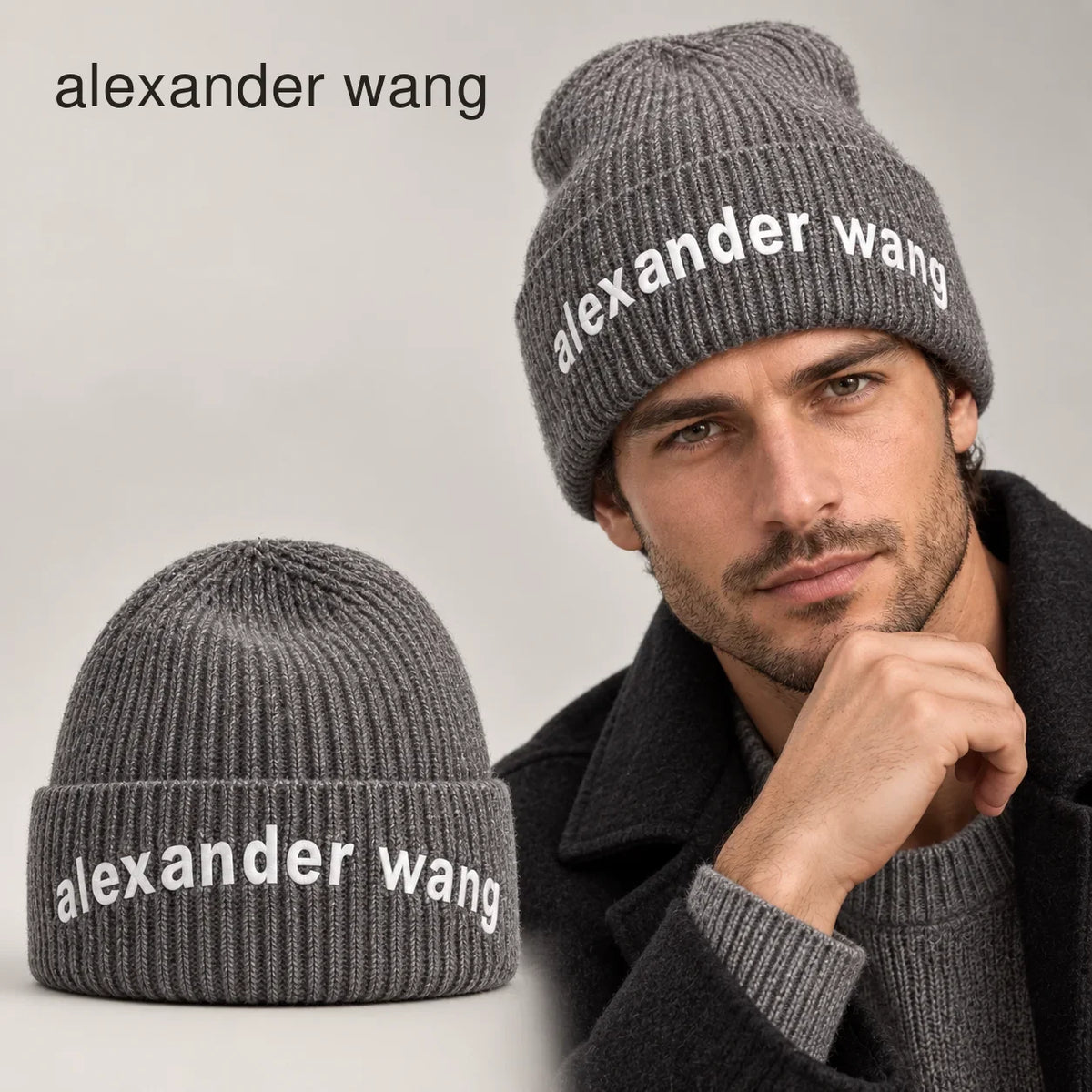 Alexander Knit Beanie worn by an adult model, with matching hat close-up