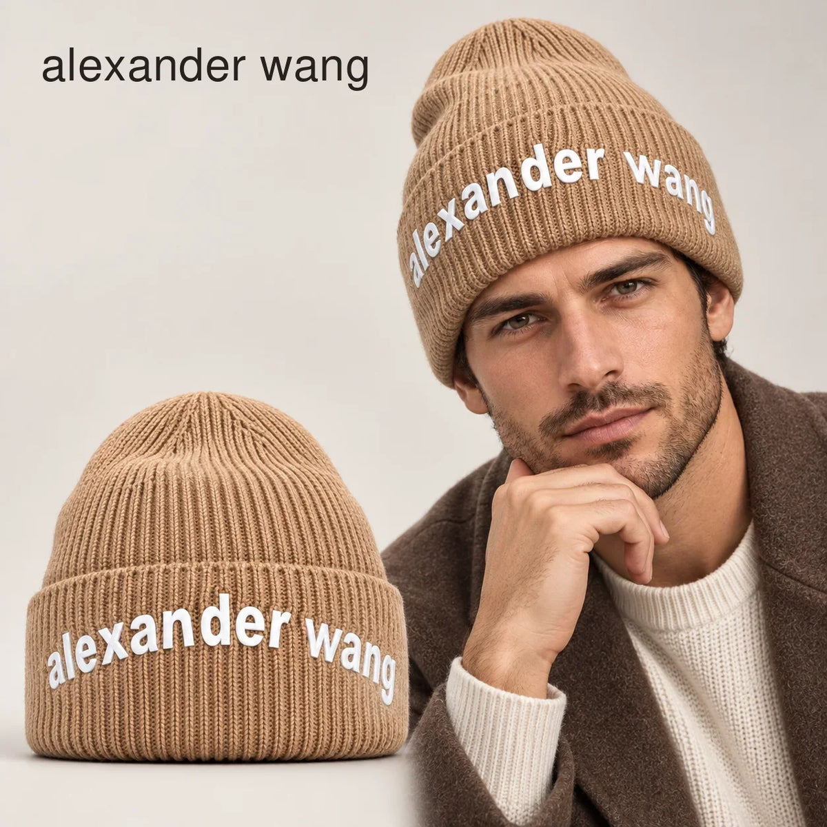 Alexander Knit Beanie worn by an adult model, with matching hat close-up