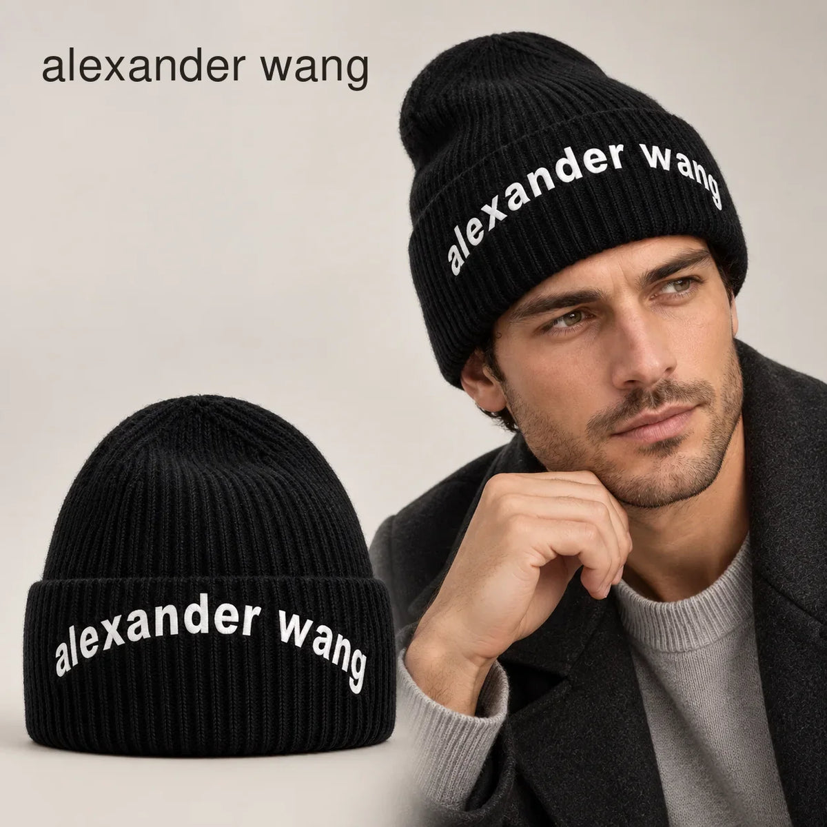 Alexander Knit Beanie worn by an adult model, with matching hat close-up