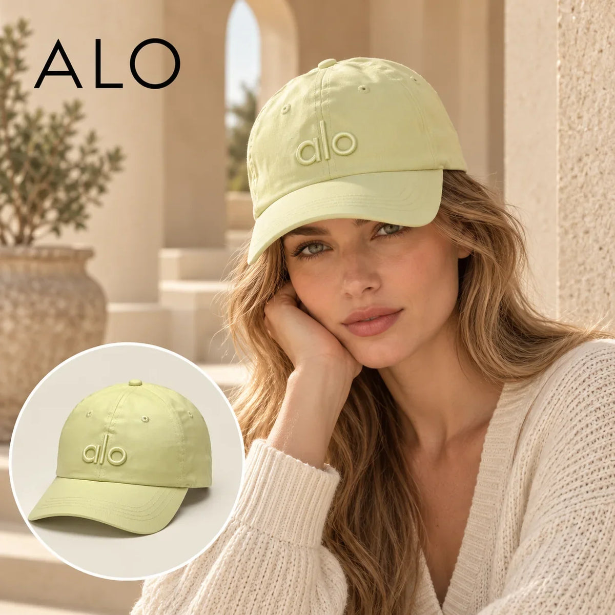 Alo Alo Baseball Cap worn by a Western model with product detail inset