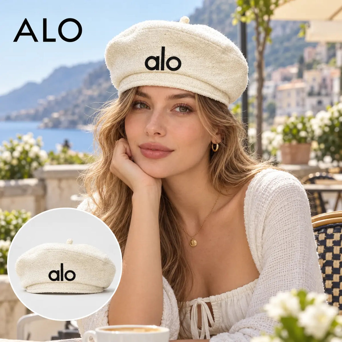 Alo Woven Open Knit Beret worn by a model