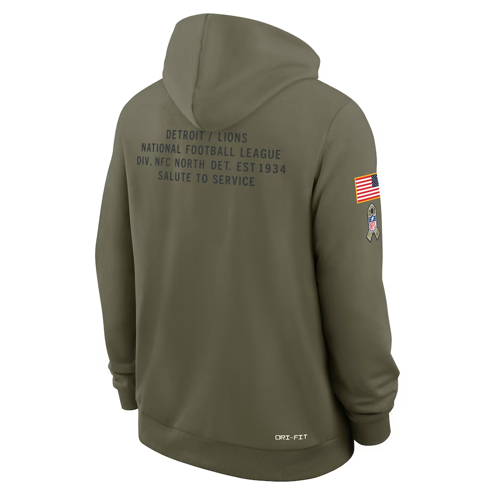 Men's Detroit Lions Nike Olive 2025 Salute to Service Sideline Standard Issue Dri-FIT Hoodie