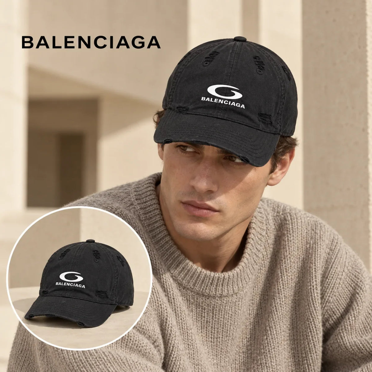 Balenciaga Balenciaga Baseball Cap worn by a Western model with product detail inset