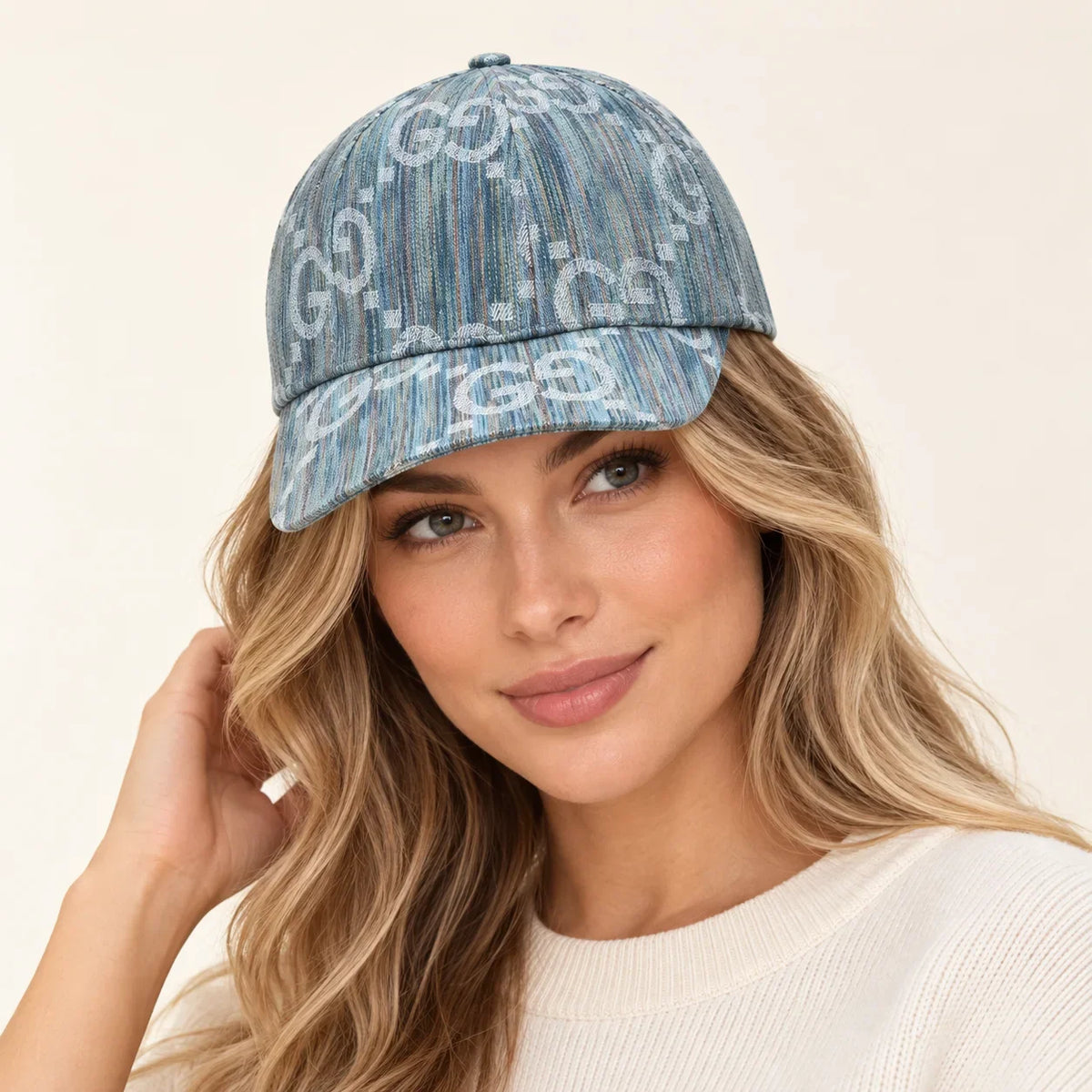 Model wearing baseball cap on head