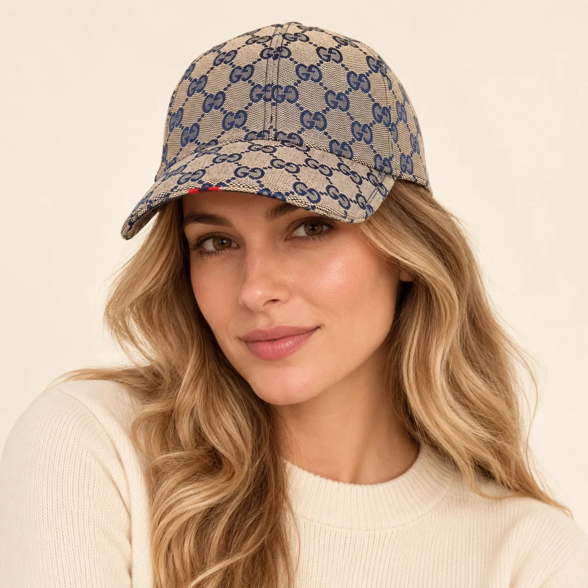 Model wearing baseball cap on head