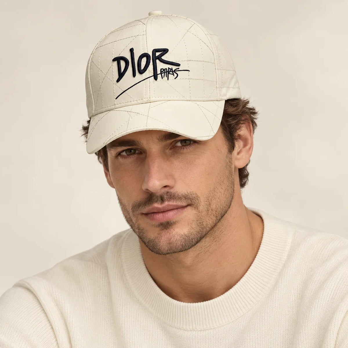 Model wearing baseball cap on head