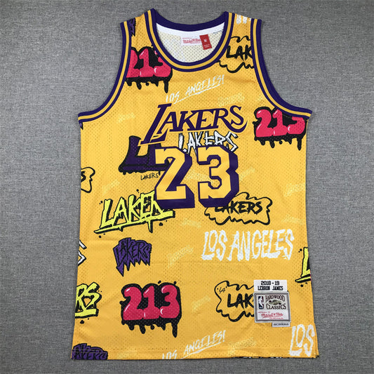 LeBron James #23 Los Angeles Lakers Gold 2018-19 Graffiti Edition Mitchell & Ness Hardwood Classics Swingman Jersey