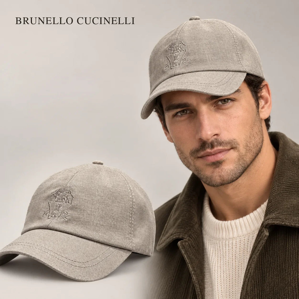 Brunello Baseball Cap worn by an adult model, with matching hat close-up