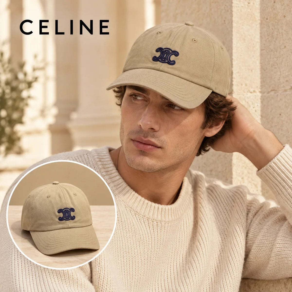 Celine Celine Baseball Cap worn by a Western model with product detail inset