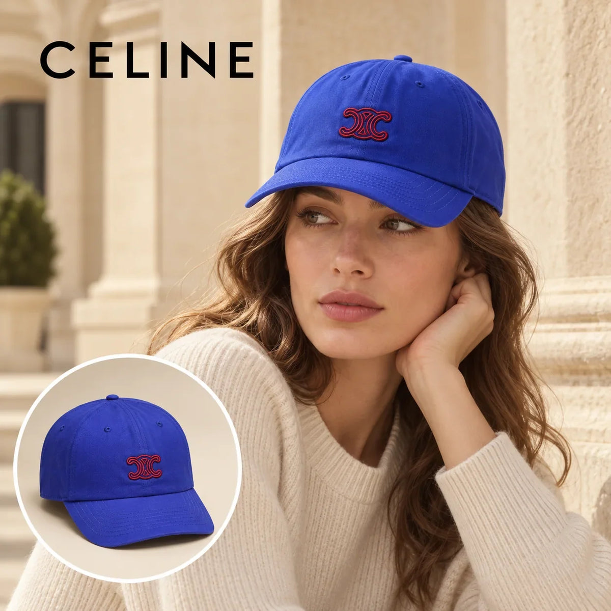 Celine Celine Baseball Cap worn by a Western model with product detail inset