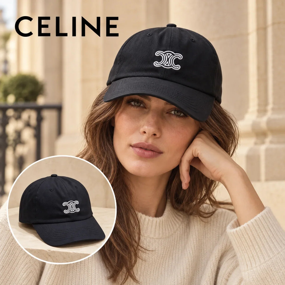 Celine Celine Baseball Cap worn by a Western model with product detail inset