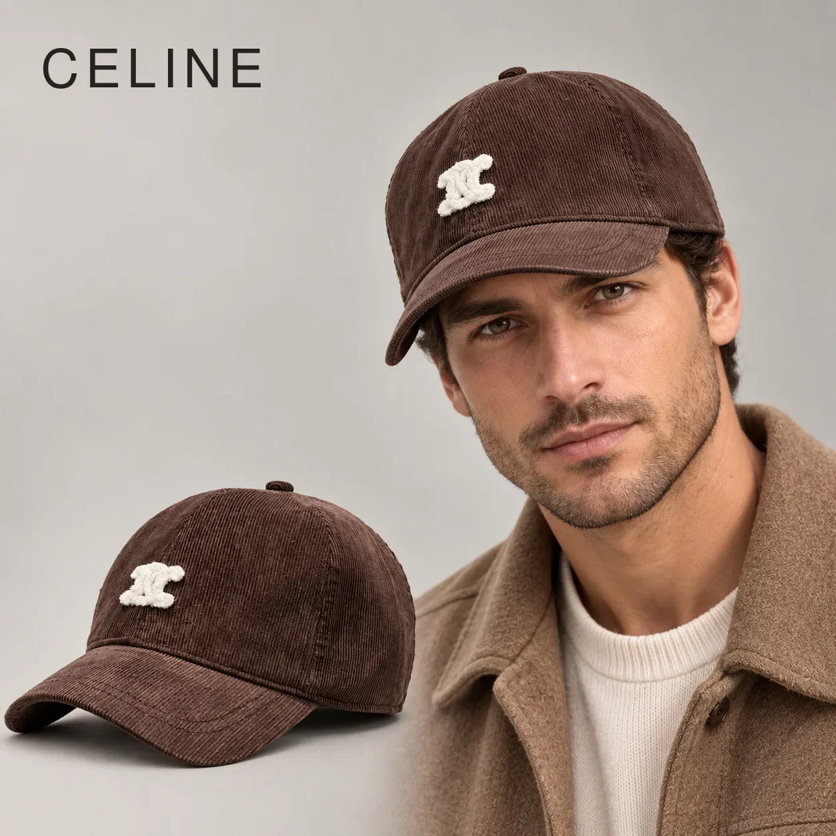 Celine Corduroy Baseball Cap worn by an adult model, with matching hat close-up