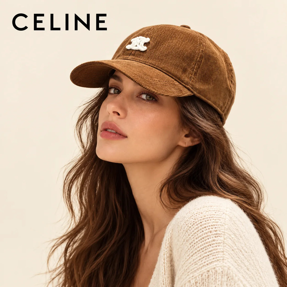 Model wearing Celine Corduroy Baseball Cap