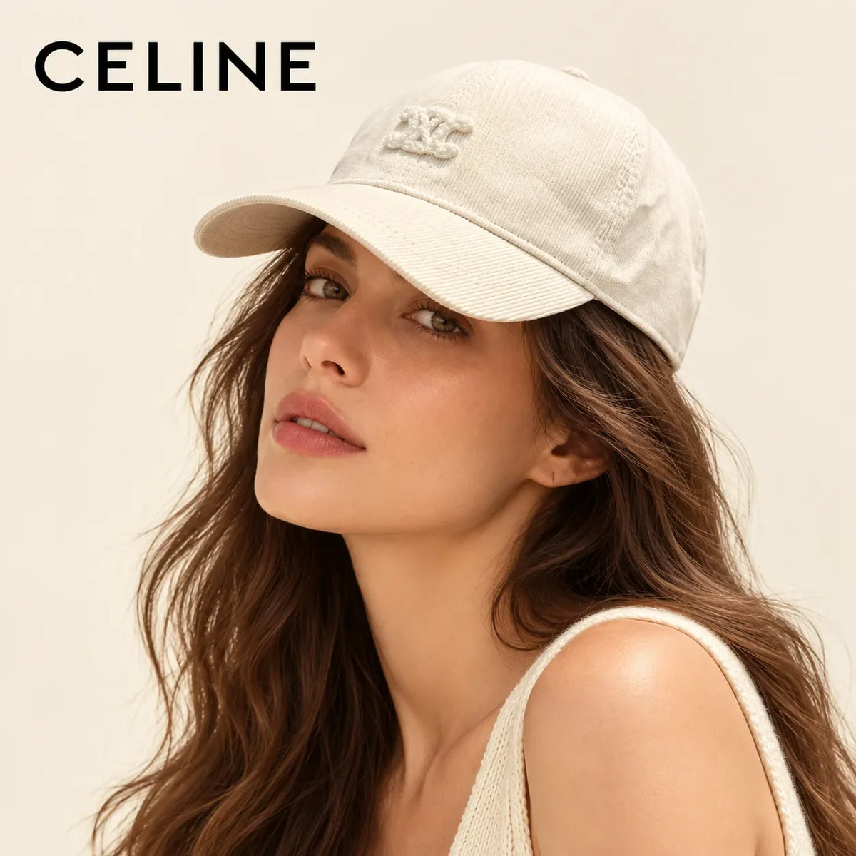 Model wearing Celine Corduroy Baseball Cap