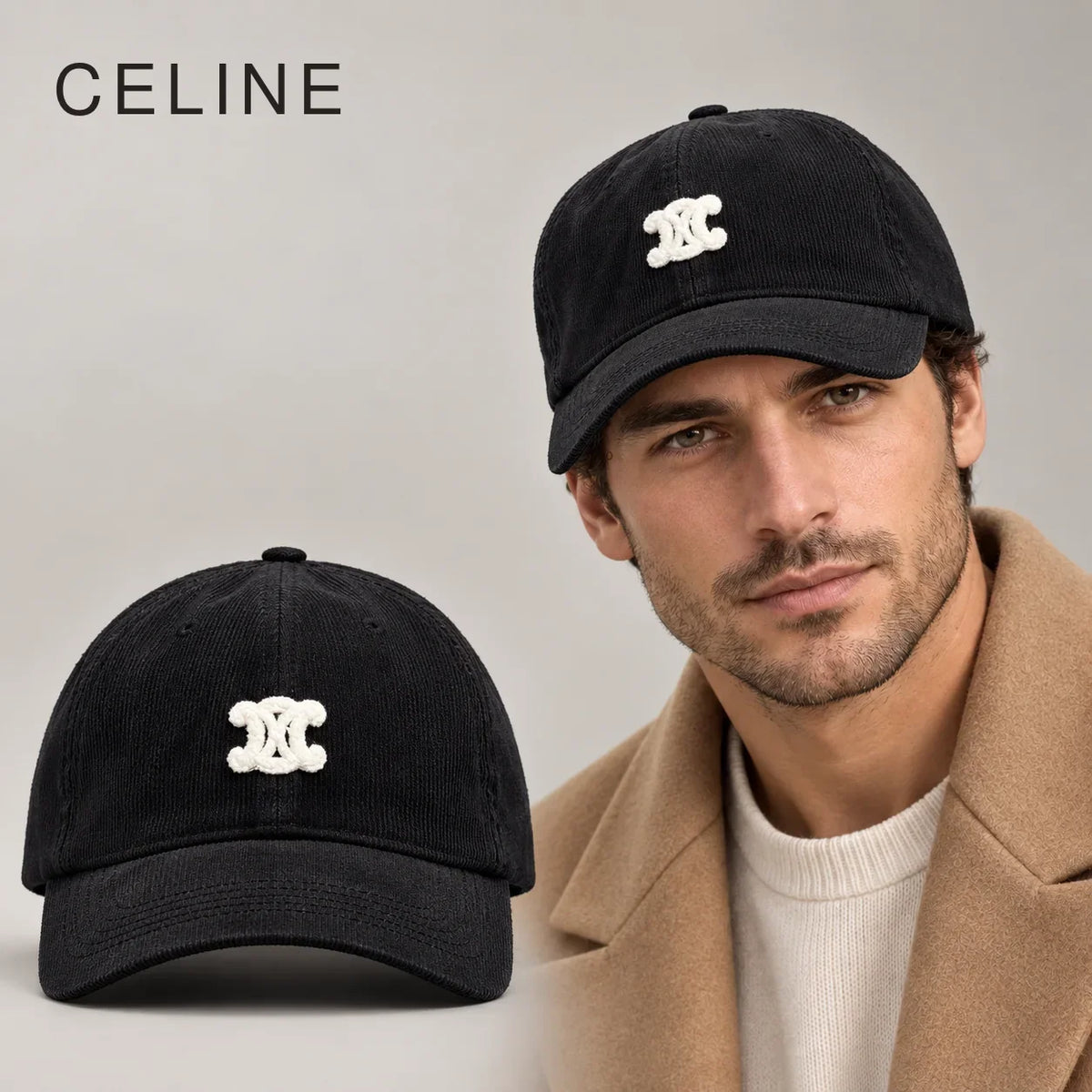 Celine Corduroy Baseball Cap worn by an adult model, with matching hat close-up