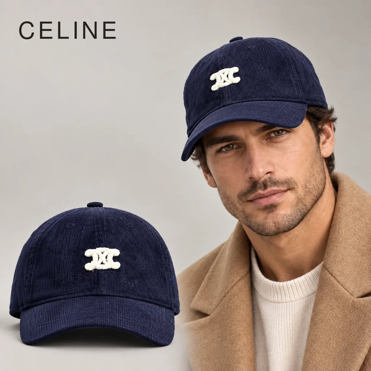 Celine Corduroy Baseball Cap worn by an adult model, with matching hat close-up