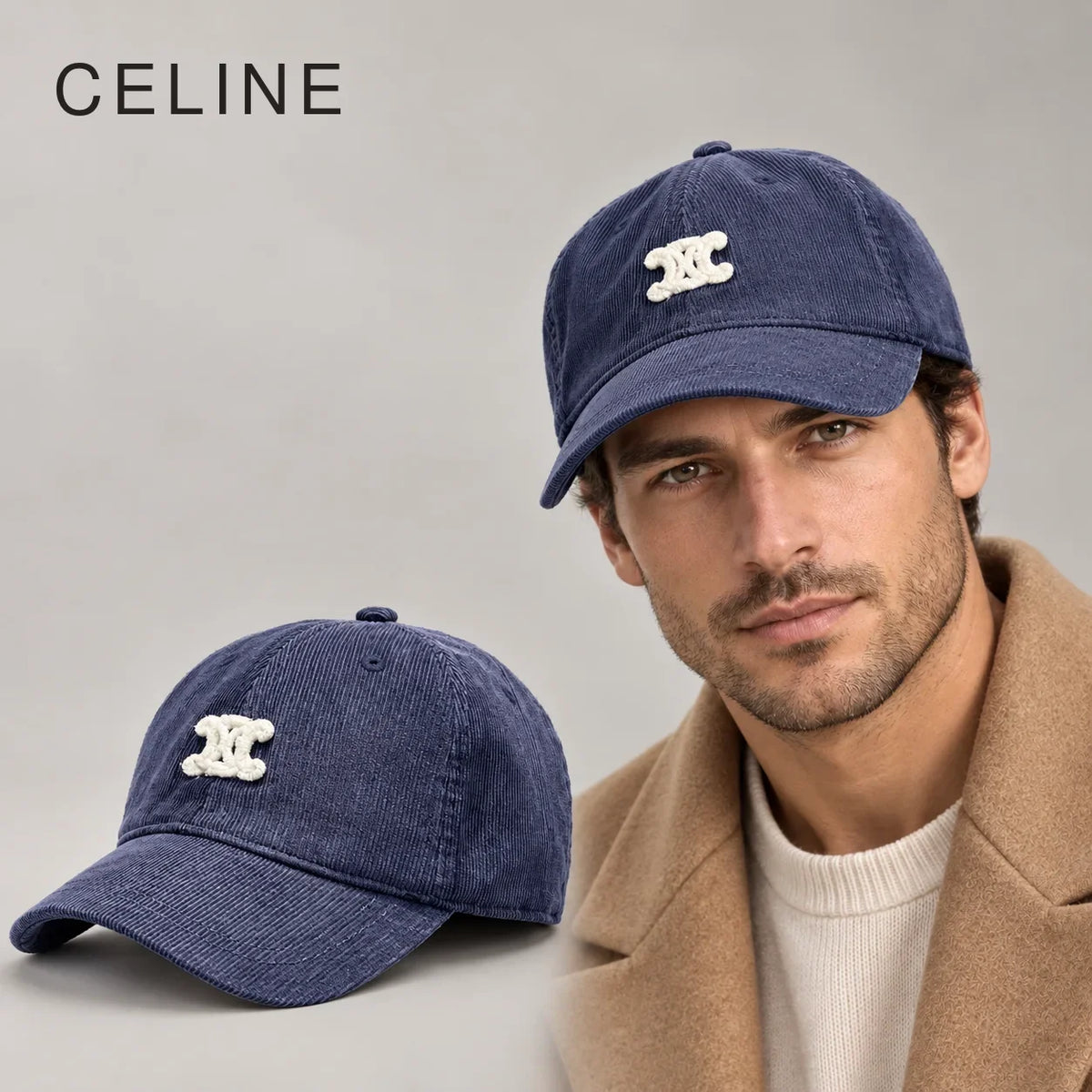Celine Corduroy Baseball Cap worn by an adult model, with matching hat close-up