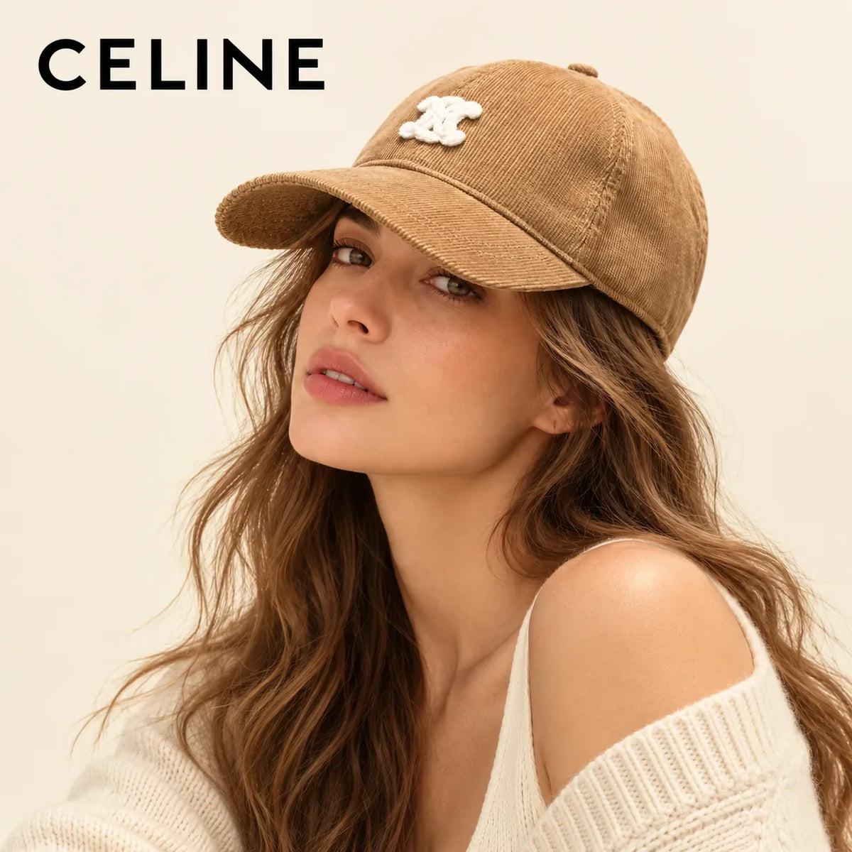 Model wearing Celine Corduroy Baseball Cap