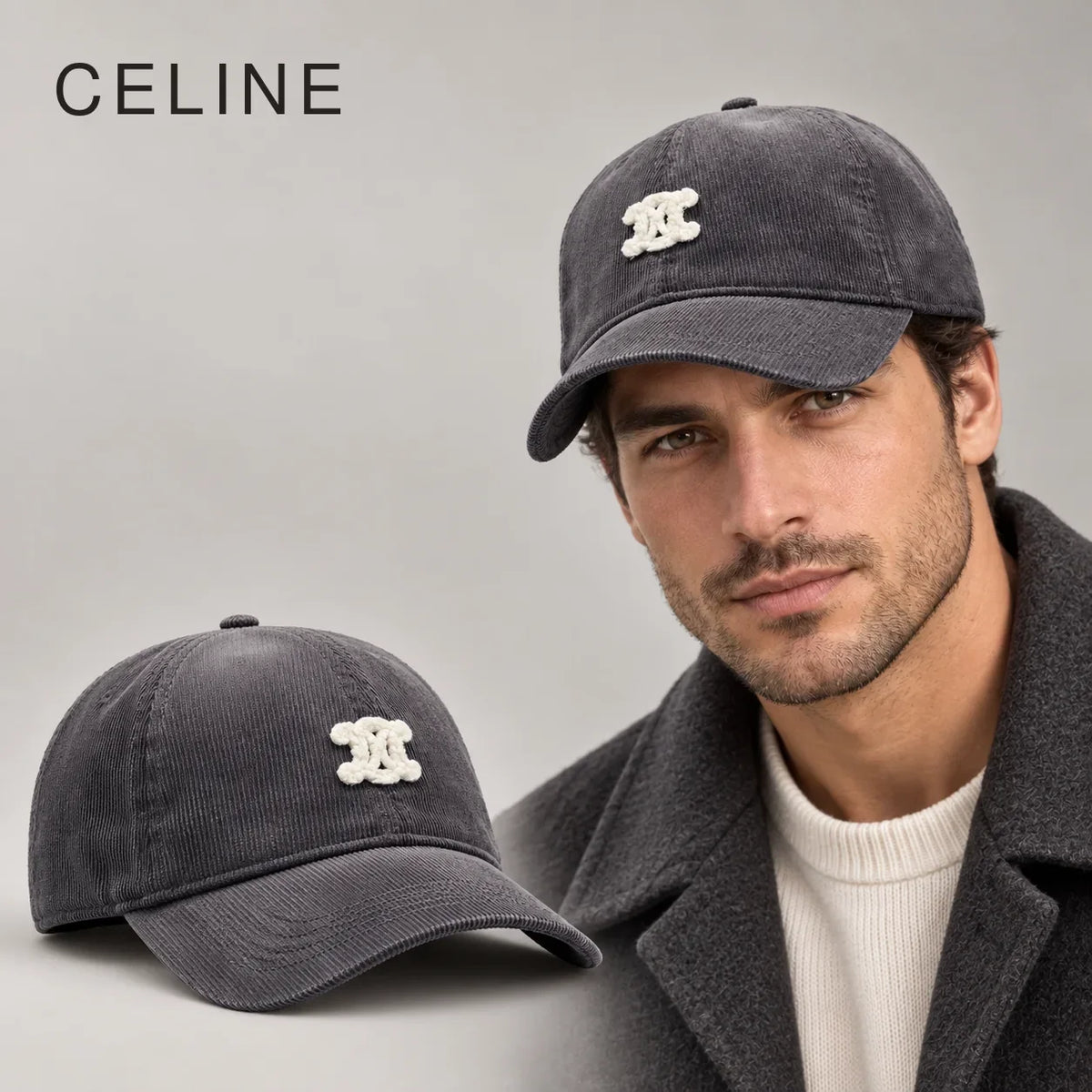 Celine Corduroy Baseball Cap worn by an adult model, with matching hat close-up