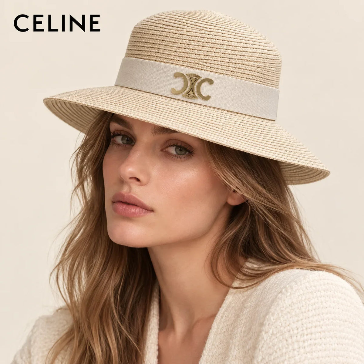 Model wearing celine straw hat on head