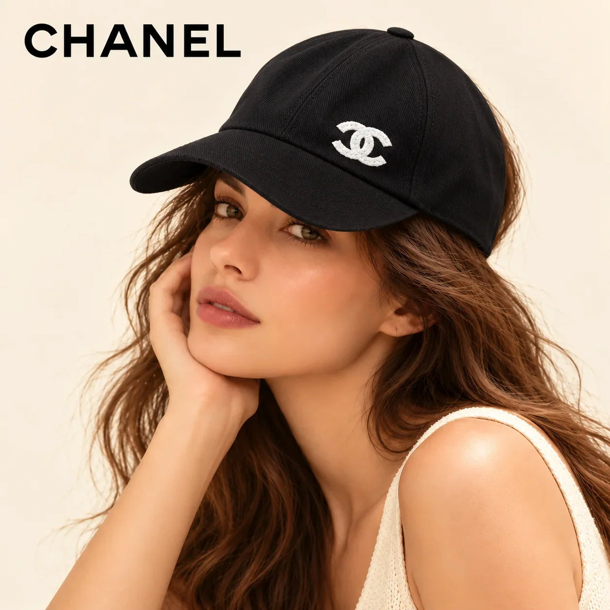 Model wearing Chanel Baseball Cap