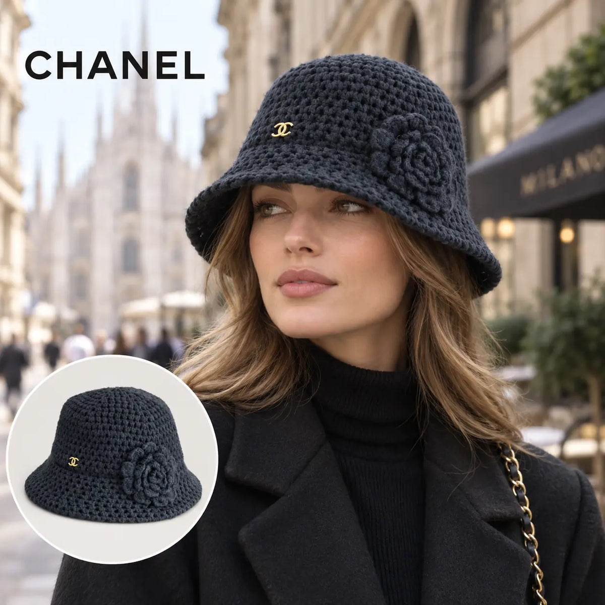 Chanel Bucket Hat worn by a model