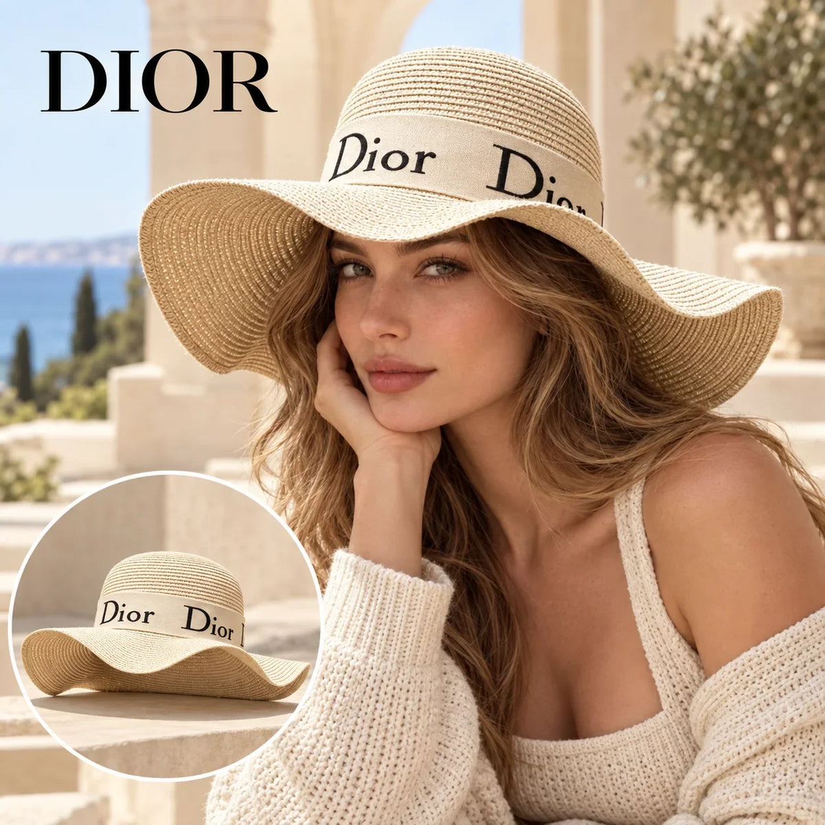 Chanel Chanel Denim Beret worn by a Western model with product detail inset