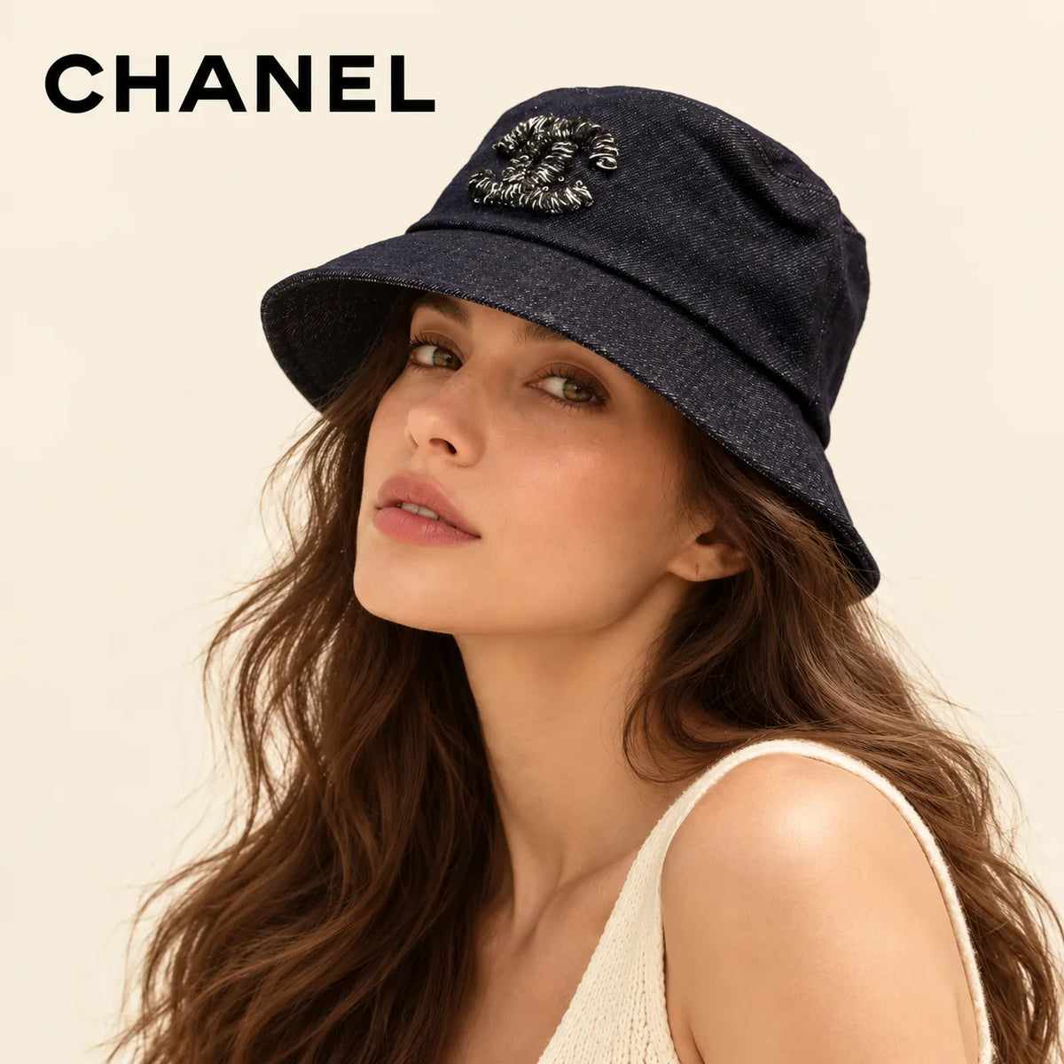 Model wearing Chanel Denim Bucket Hat