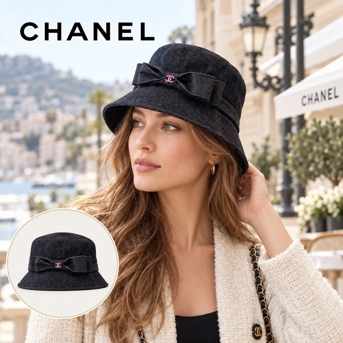 Chanel Denim Bucket Hat worn by a model