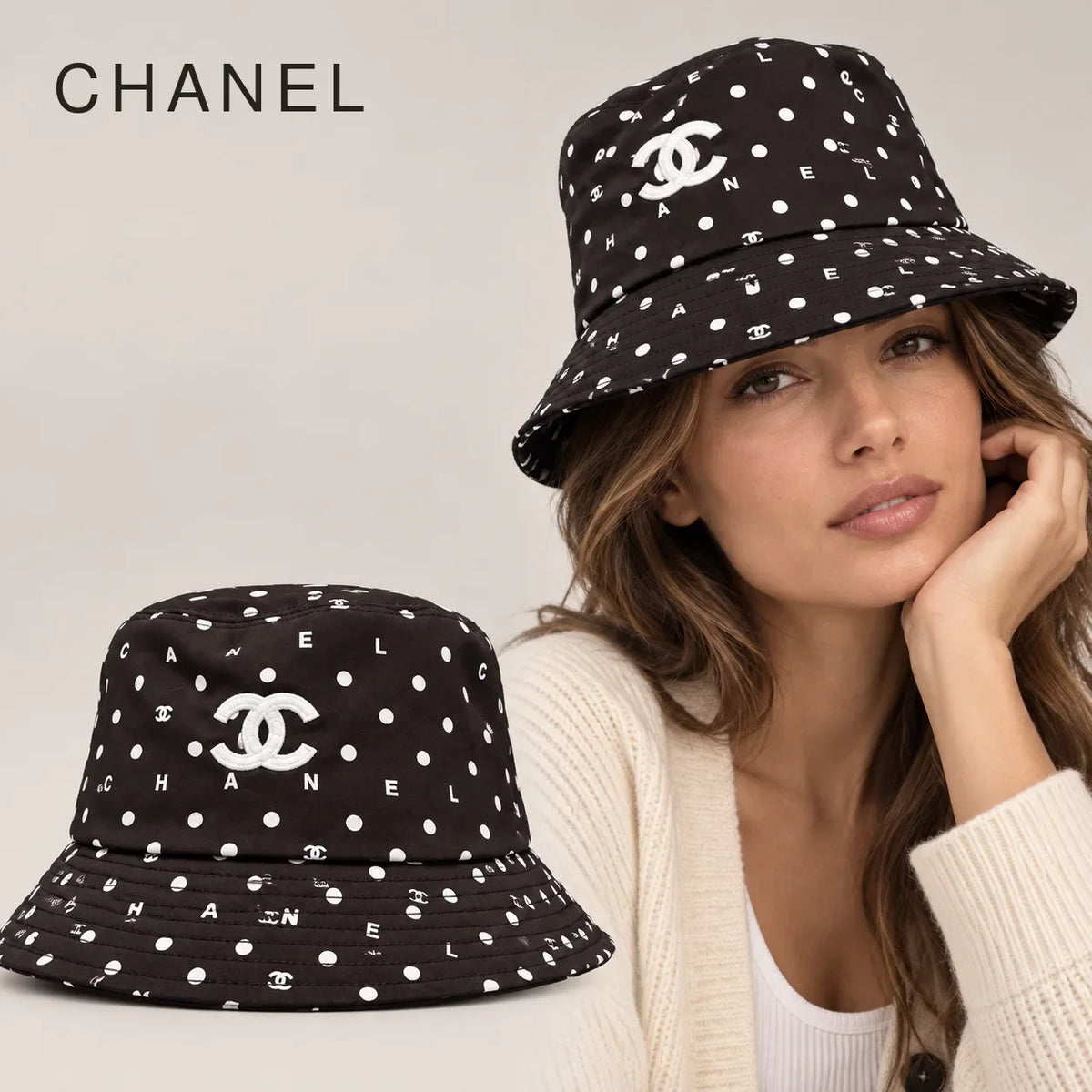 Chanel Embroidered Bucket Hat worn by an adult model, with matching hat close-up