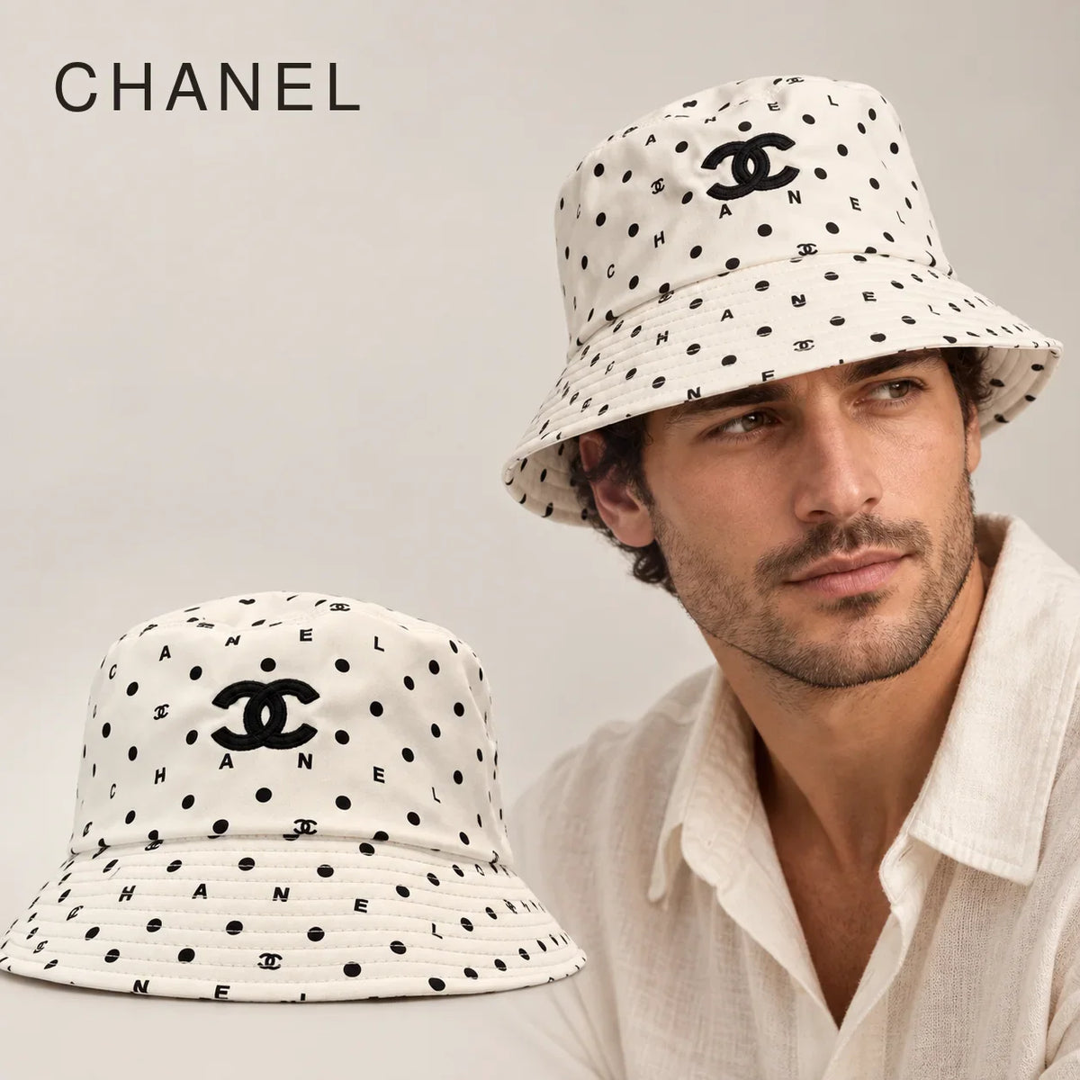 Chanel Embroidered Bucket Hat worn by an adult model, with matching hat close-up