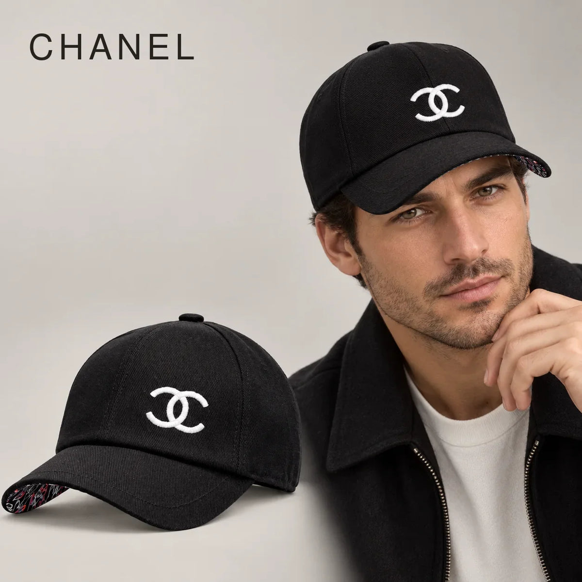 Chanel Embroidered Reversible Baseball Cap worn by an adult model, with matching hat close-up